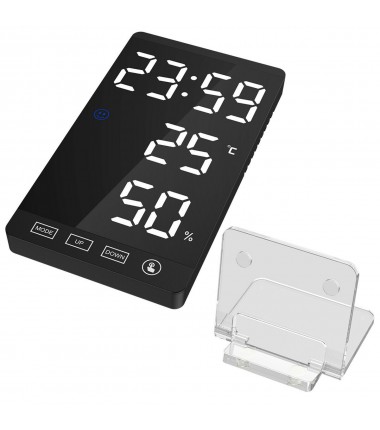 Mirror LED Alarm Clock Night Light Thermometer Digital Display With USB Charging