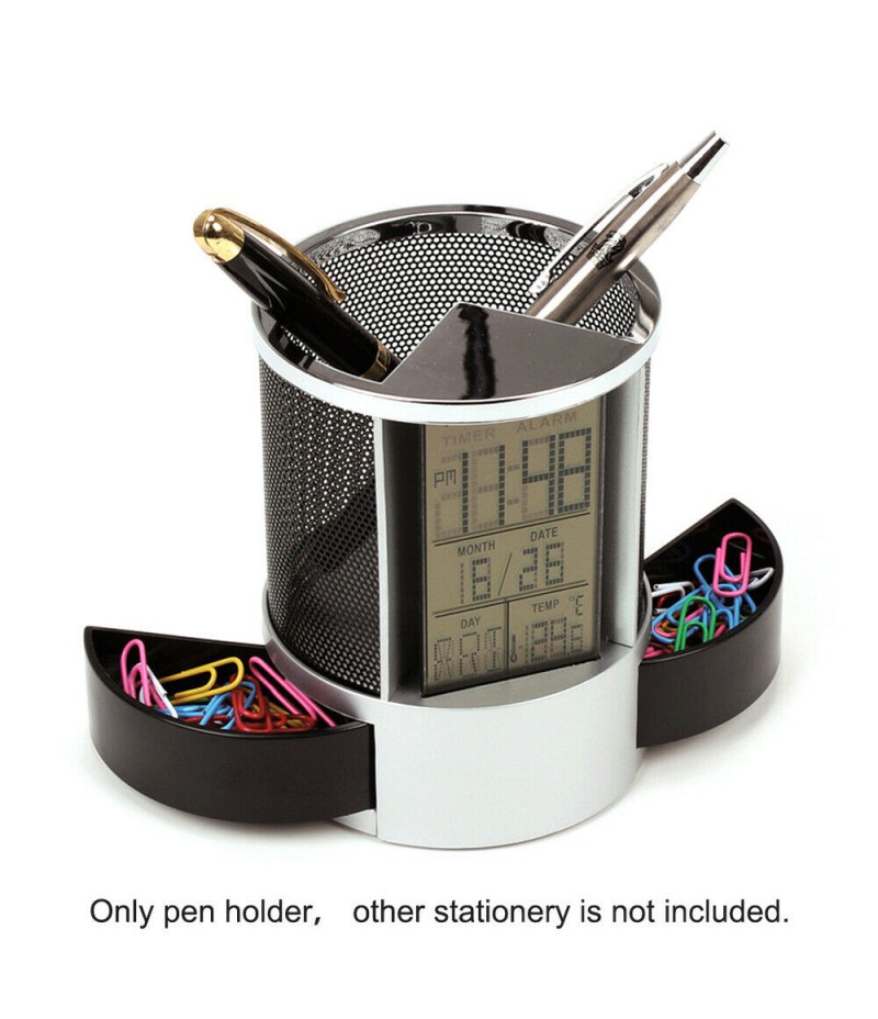 Pen Pencil Holder Digital LCD Desk Alarm Clock