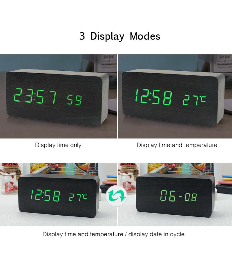 Electronic Digital Wooden Alarm Clock / Temperature/ Date Display