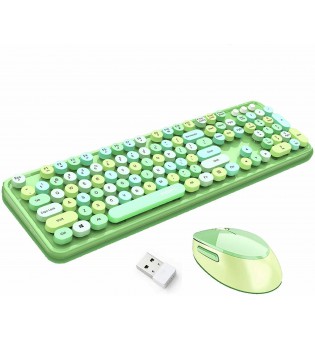 Wireless Keyboard and Mouse Combo Ergonomic Full-Sized 104-Key Cute Round (Green)