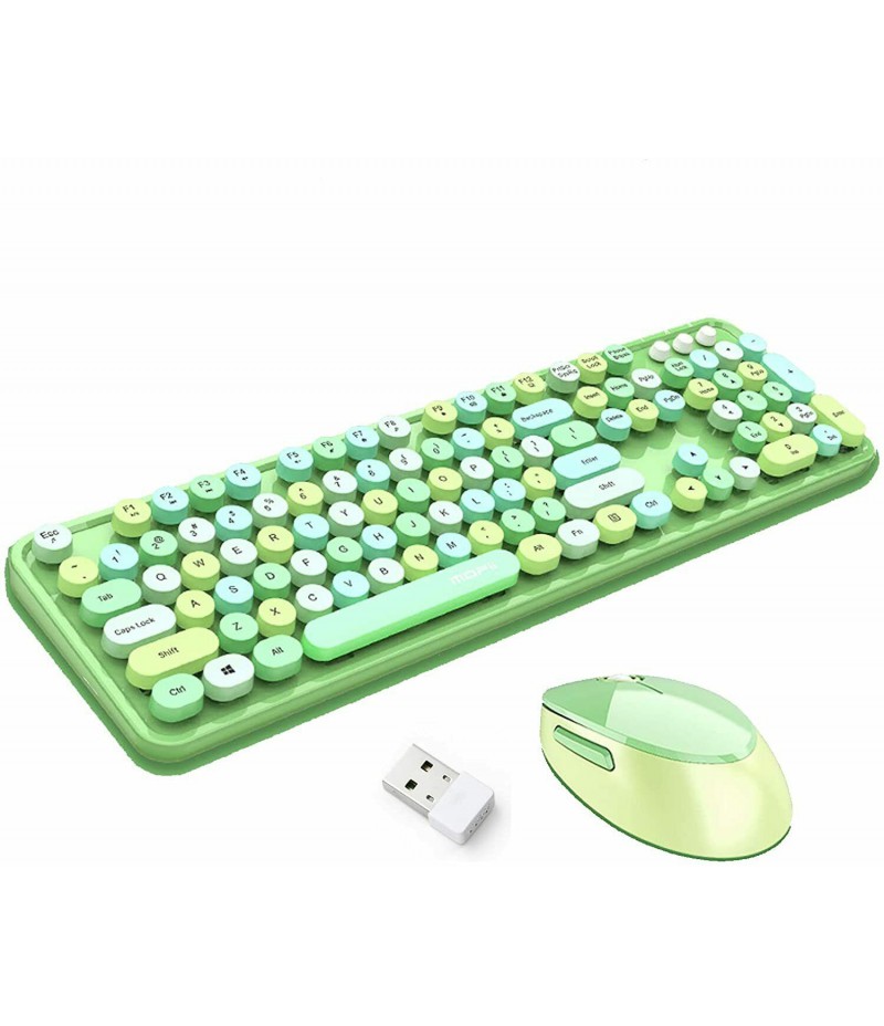 Wireless Keyboard and Mouse Combo Ergonomic Full-Sized 104-Key Cute Round (Green)