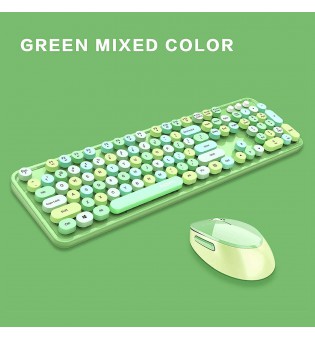 Wireless Keyboard and Mouse Combo Ergonomic Full-Sized 104-Key Cute Round (Green)