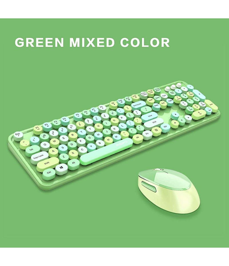Wireless Keyboard and Mouse Combo Ergonomic Full-Sized 104-Key Cute Round (Green)