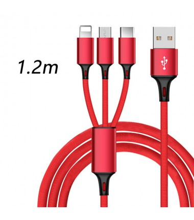 3 in 1 Universal Multi-Function Mobile Phone Charger Cord USB Charging Cable (1.2m)